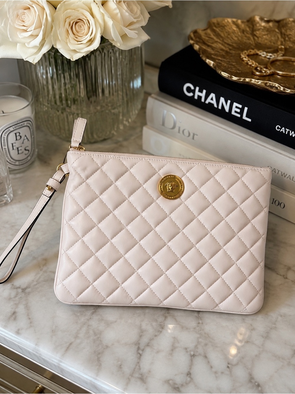 Versace Quilted Leather Wristlet in Blush Pink